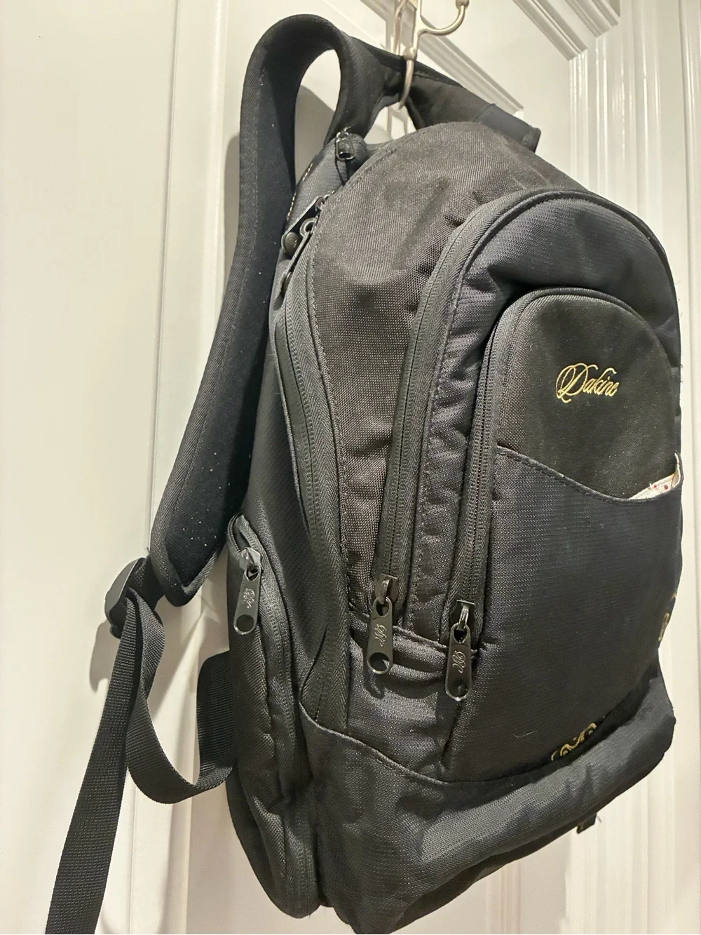 Vintage Y2K Dakine Black & Gold Embroidered Backpack | Polka Dot Lining